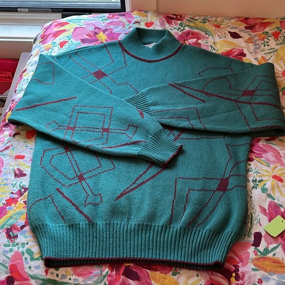 Vintage 80’s Pullover Sweater. Teal and Purple - Picture 3 of 4
